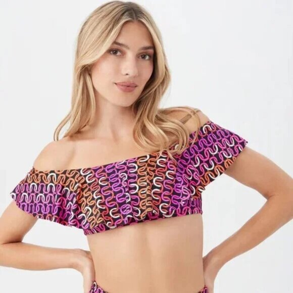 💕TRINA TURK💕 Echo Off The Shoulder Ruffle Bandeau Swim Top Chain Print 6 NWOT - Picture 1 of 12